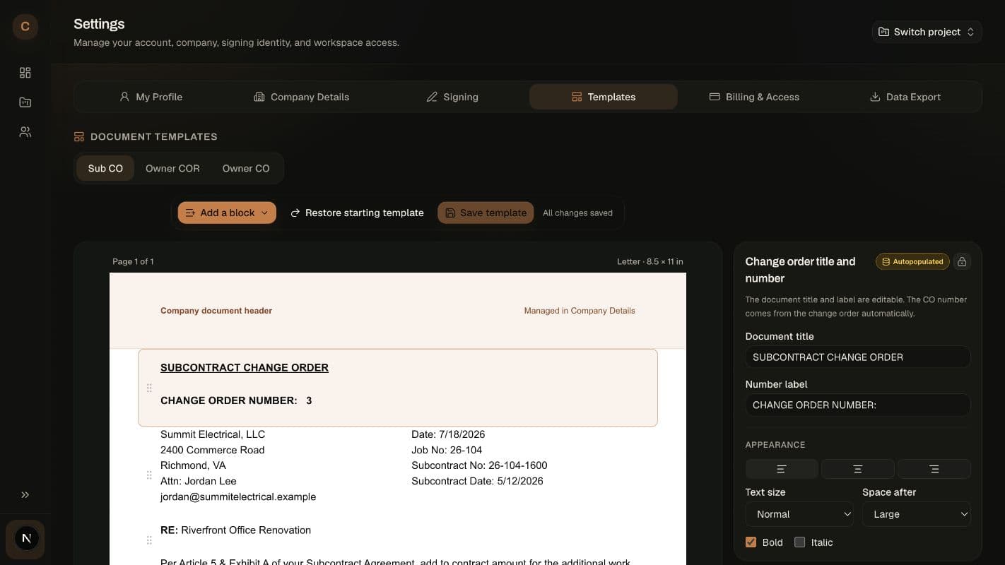 ConstructGen drag-and-drop change-order template editor